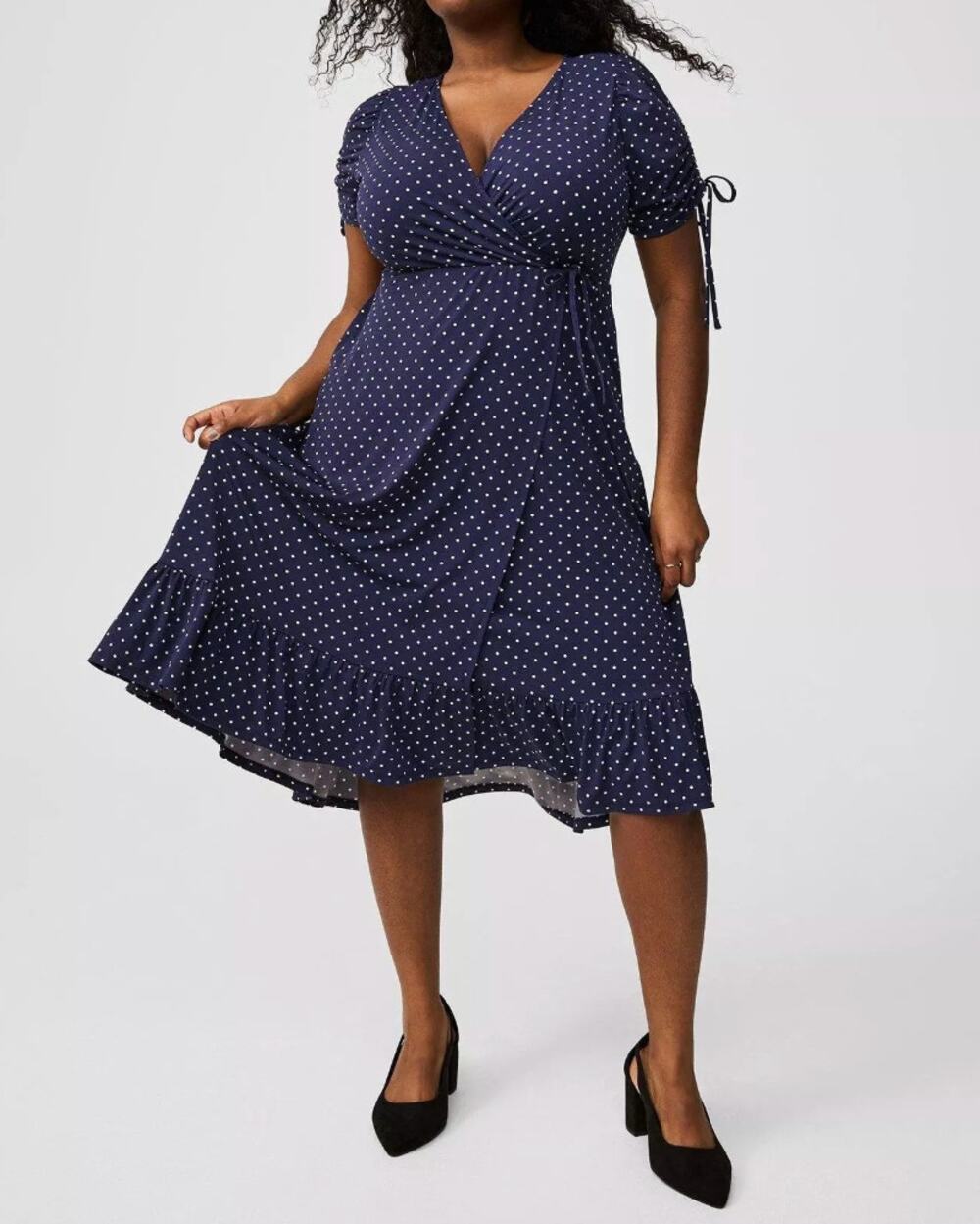Torrid Navy Blue Polka Dot Faux Wrap V-Neck Pocket Midi Dress Plus Size 2X New